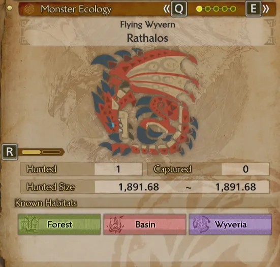 Rathalos monster ecology page in Monster Hunter Wilds