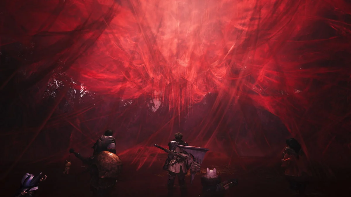 MH Wilds crew looks up at a scary, red, web-like visage