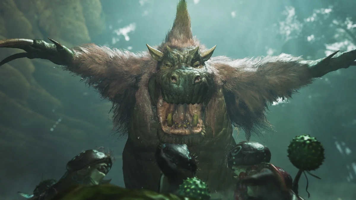 A scary ape-like monster jumps and frightens the Monster Hunter characters