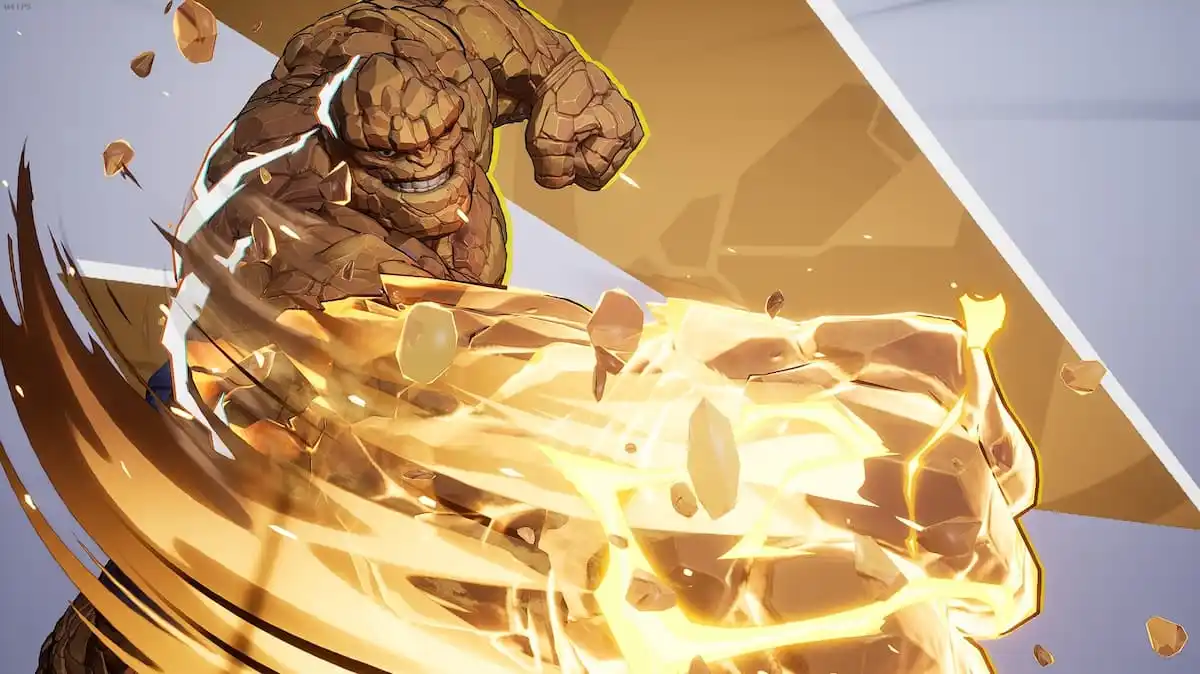 The Thing from Marvel Rivals swings his fist, living a yellow trail of magical effects.