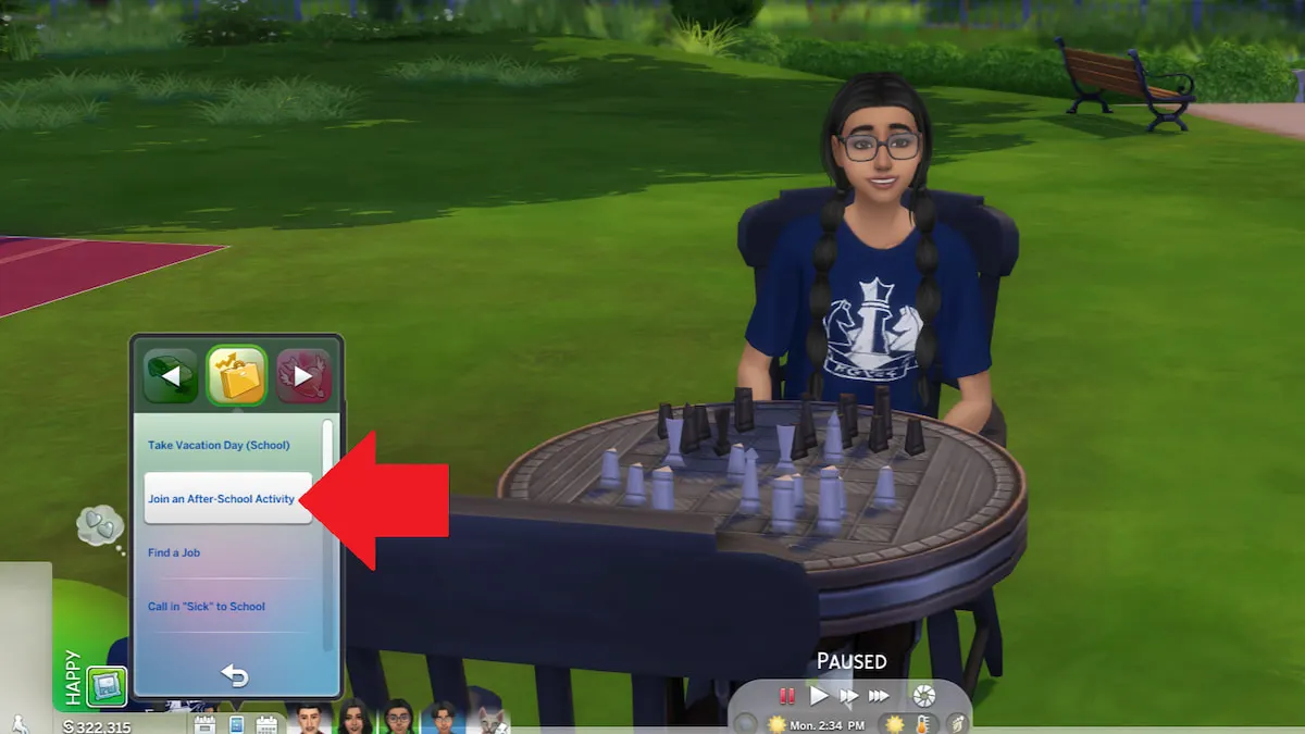 The join an after-school activity option marked in The Sims 4.