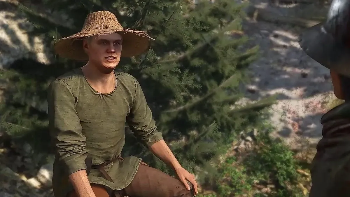 A man wearing a green shirt and hat sits in a forest in Kingdom Come: Deliverance 2's cabbage thief quest.