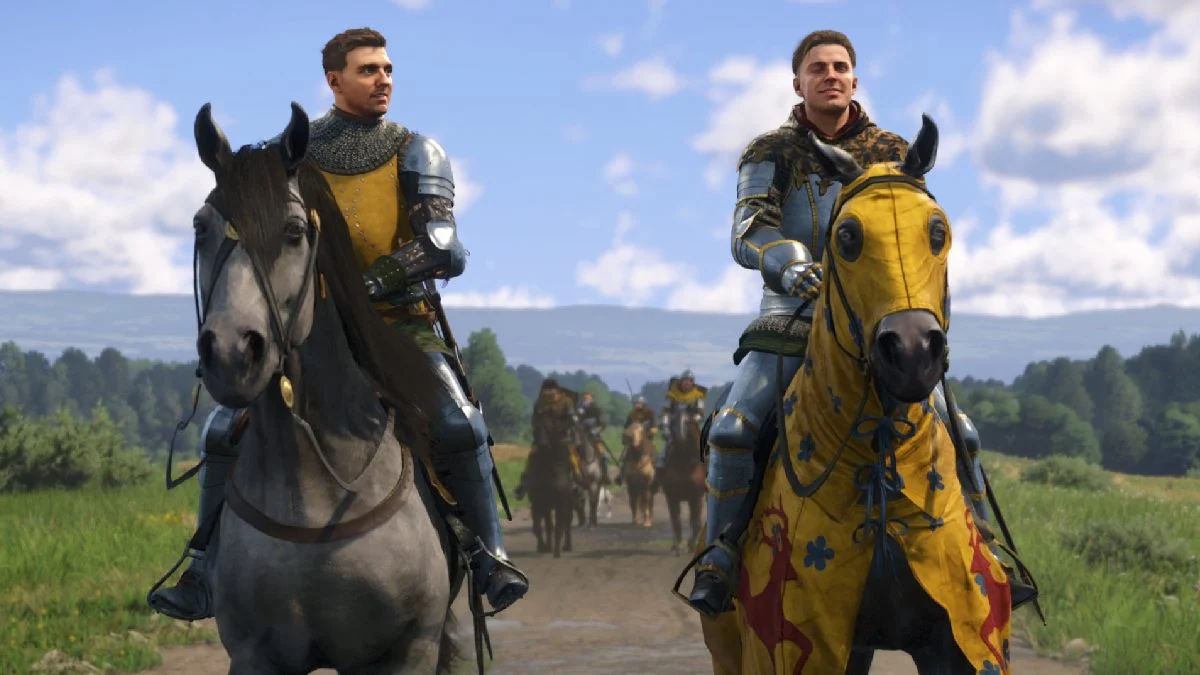 Kingdom Come Deliverance 2 controls with harry and henry riding horses side by side