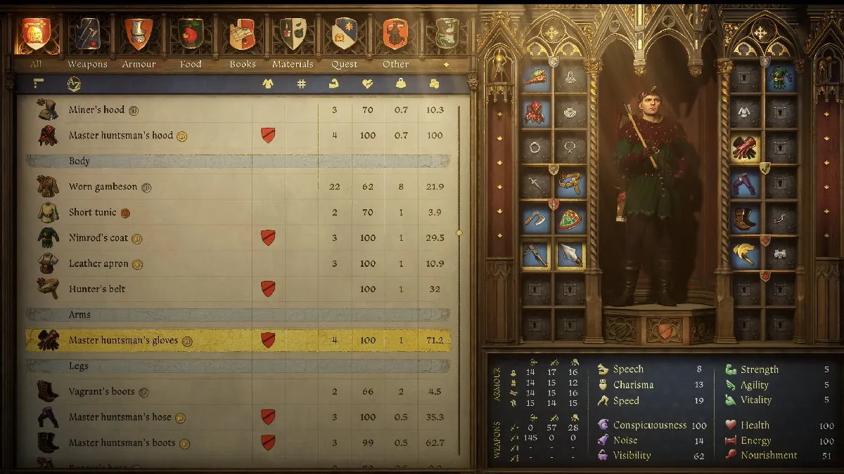 Kingdom Come Deliverance 2 inventory menu with master hunstman kit equipped