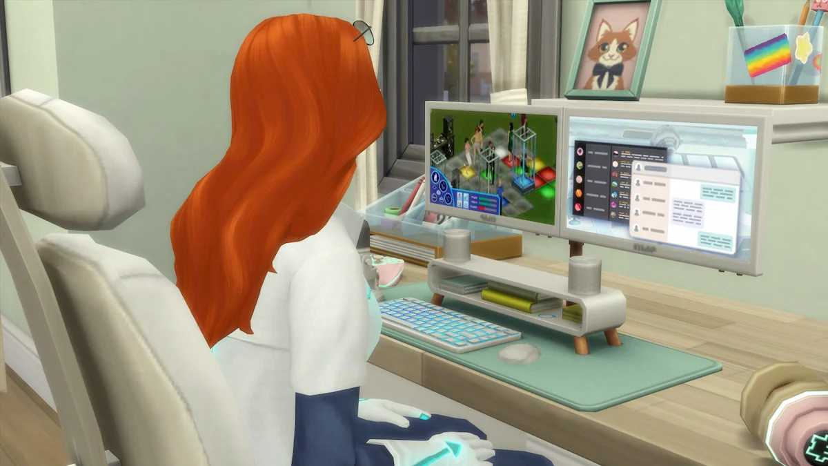 A Sim with orange hair and a white and blue time travel outfit playing on a computer in an office in The Sims 4.