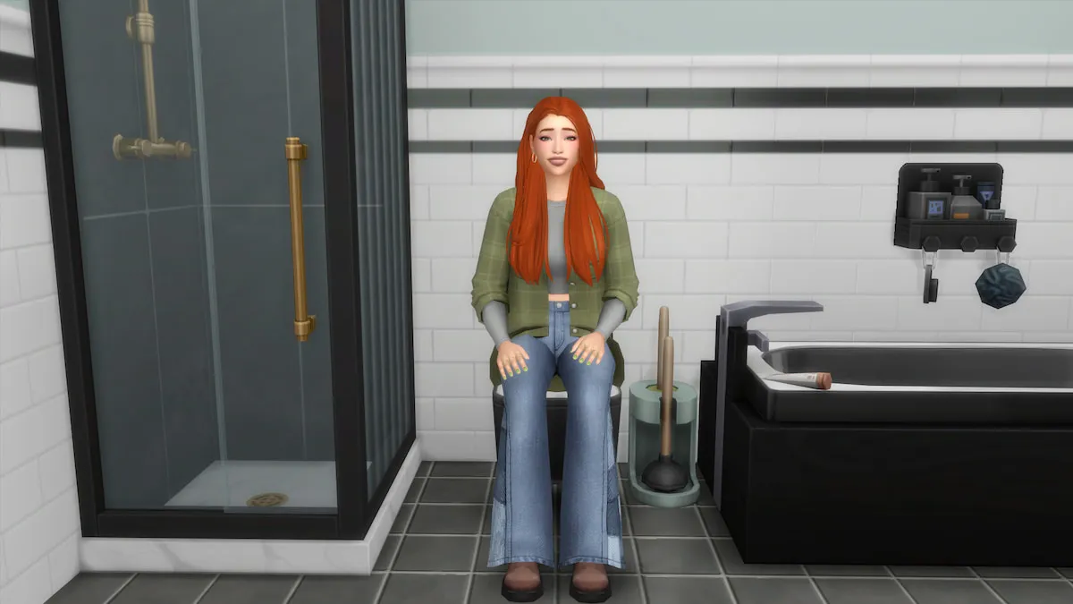 A sim with orange hair and a green flannel sitting and pondering time travel on a toilet in the sims 4.