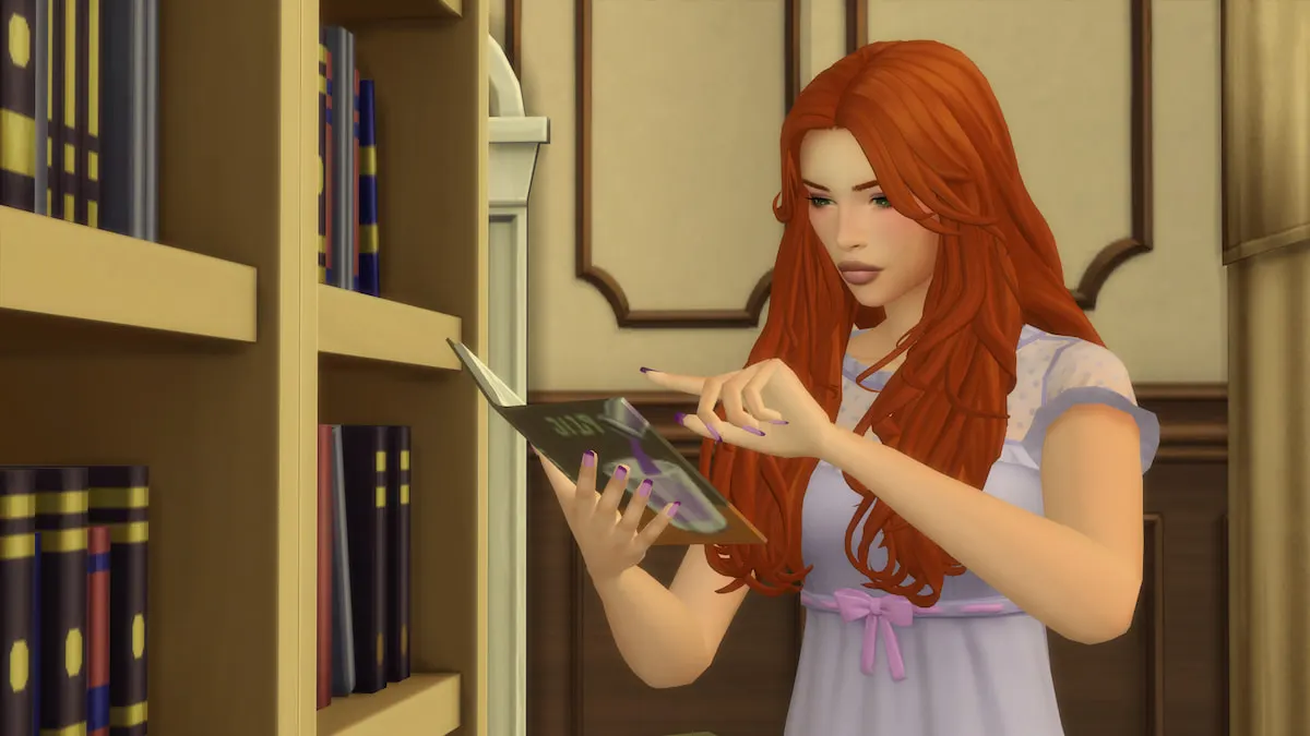 A Sim with orange hair and a purple dress reading a book in the sims 4.