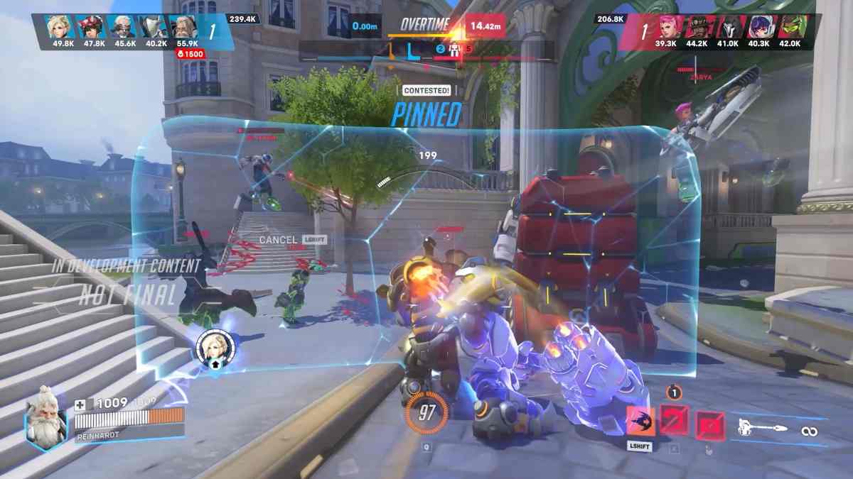 Reinhardt in a stadium game mode in Overwatch 2