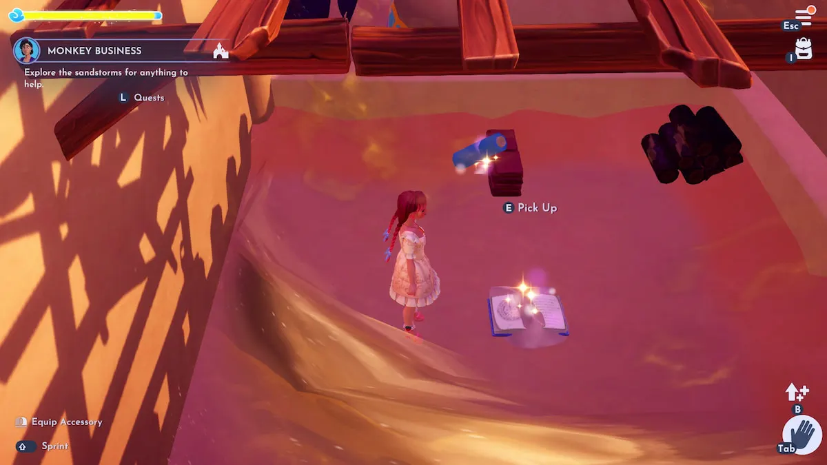 A player with long pink braids and a pink strawberry dress looking at an ancient tome on the ground in Disney Dreamlight Valley