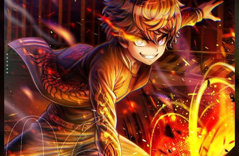 Senju card illustration from Tribe Nine with his fire motif illustrated