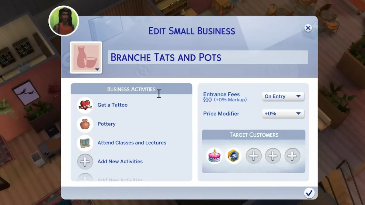 The customizable options for the small business system in the sims 4.