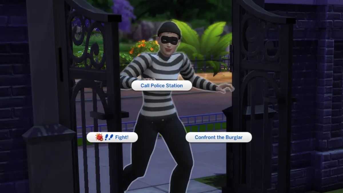 The Fight, Call Police Station, and Confront the Burglar options on a Burglar in The Sims 4.