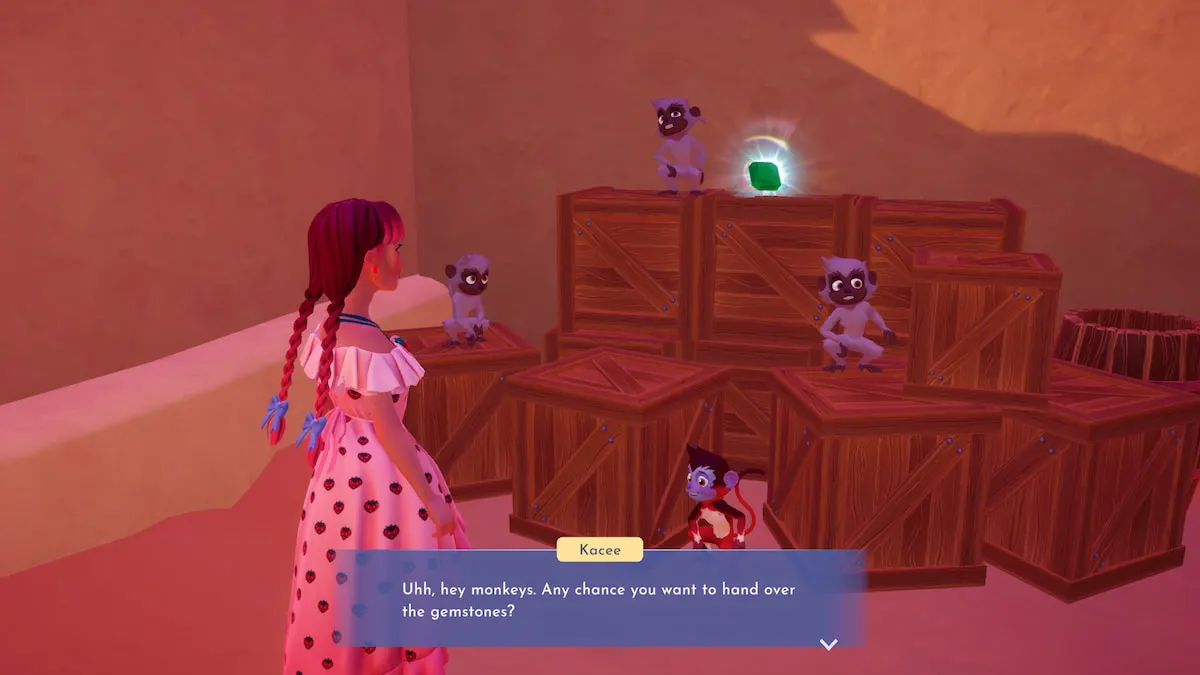 A player with long pink braids and a pink strawberry dress talking to monkeys about gemstones in Disney Dreamlight Valley.