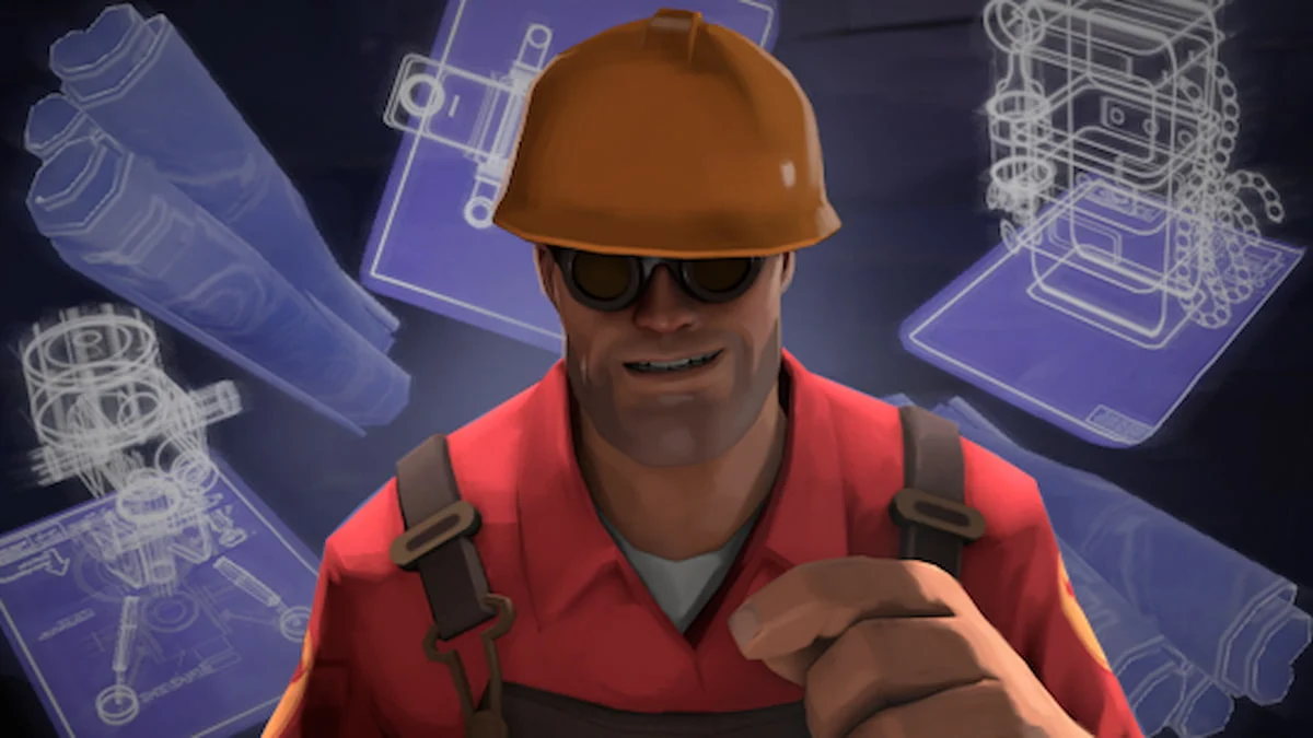 TF2 Engineer with blueprint holograms behind