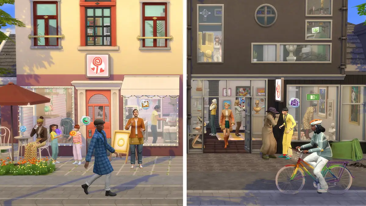 A candy shop and an art gallery next to each other in The Sims 4.