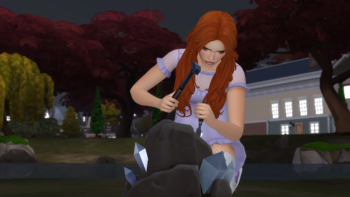 A Sim with orange hair and a purple dress digging a rock collectible spot for Plathinum and Ironyum in The Sims 4.