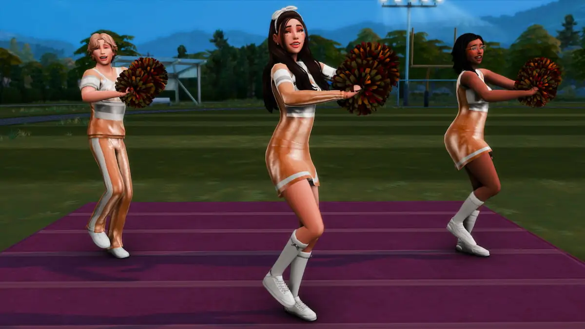 Three Sims cheerleading on a football field in The Sims 4.