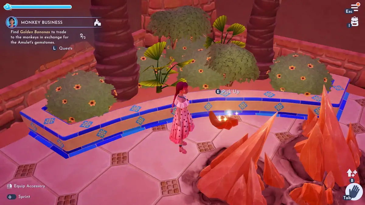 A player with long pink braids and a pink strawberry dress standing next to some golden bananas on the ground in a courtyard on a roof in Disney Dreamlight Valley.