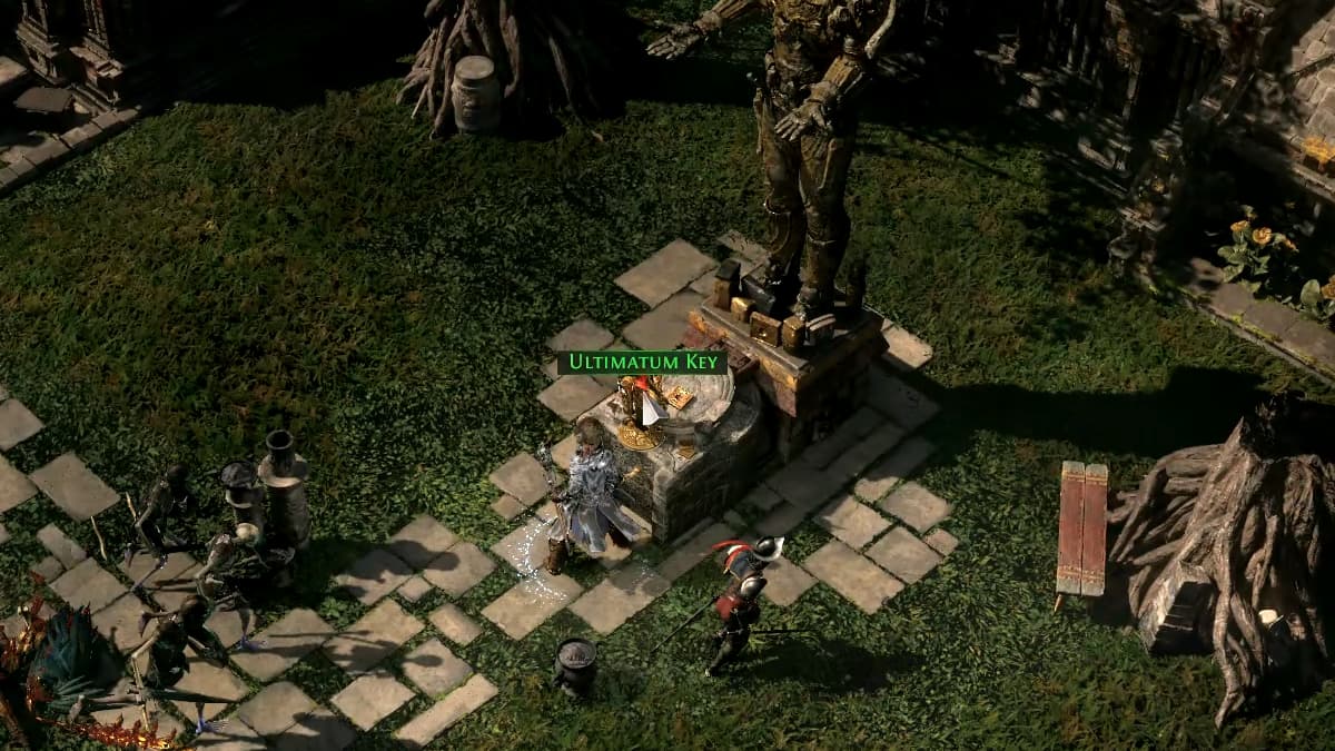 A witch standing in front of an ancient Aztec-inspired statue erected in a garden with trees, benches, and a paved path leading to it in Path of Exile 2.