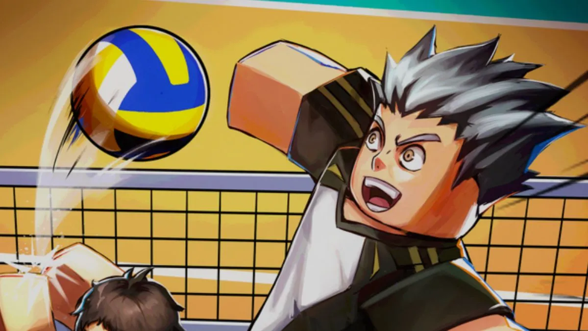 Player jumping near the net to spike the ball in Volleyball Legends' poster