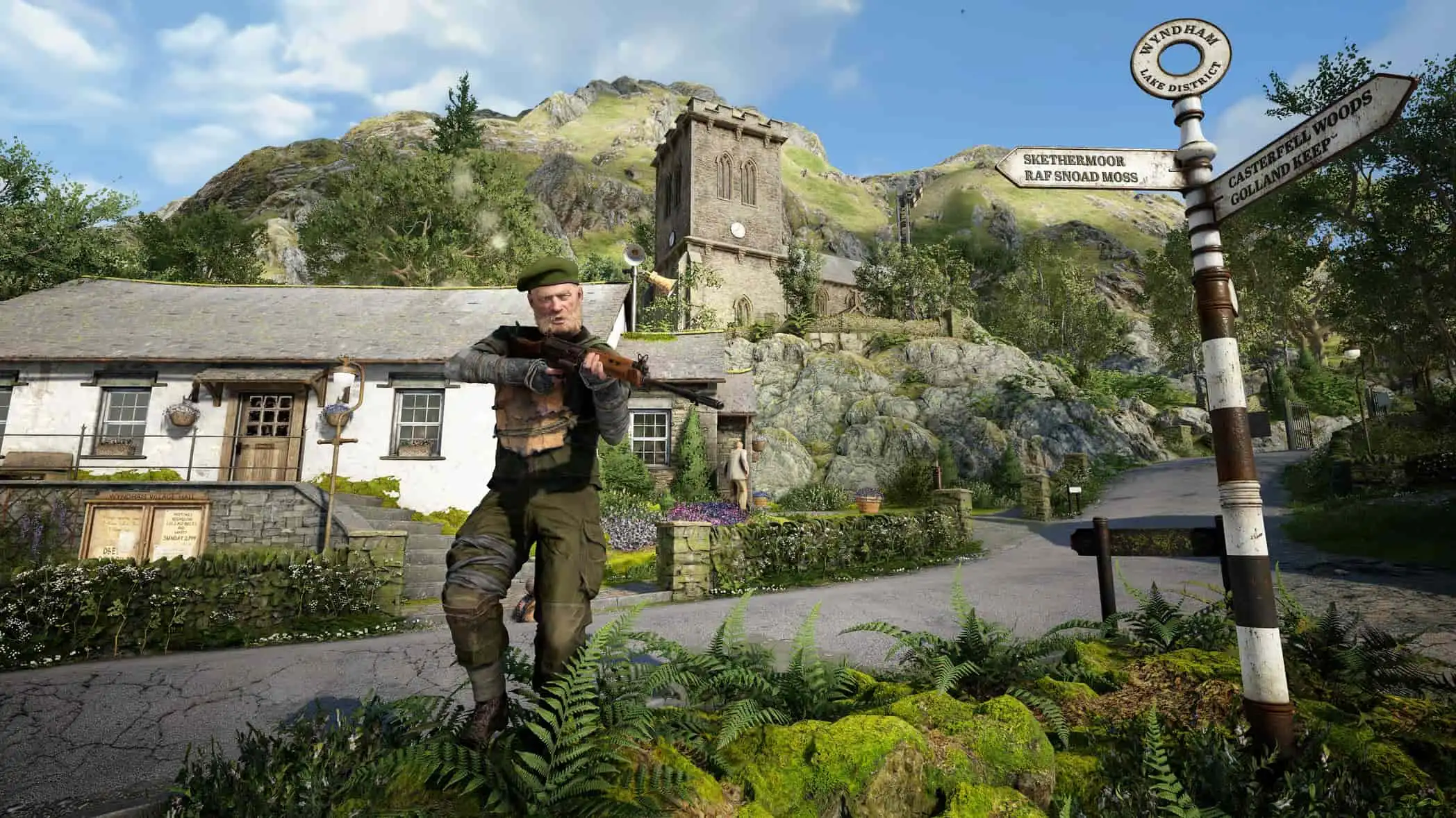 A soldier with a rifle approaches in front of an old castle and green hillside.