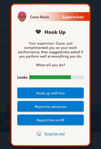 Picture showing the boss hookup pop up in Serial Dater Challenge in Bitlife.