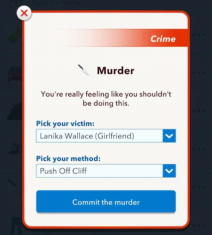 Picture showing the girlfriend murder pop up in Serial Dater Challenge in Bitlife.