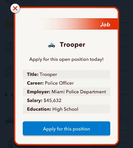 Picture showing the Police job in Serial Dater Challenge cover in Bitlife.