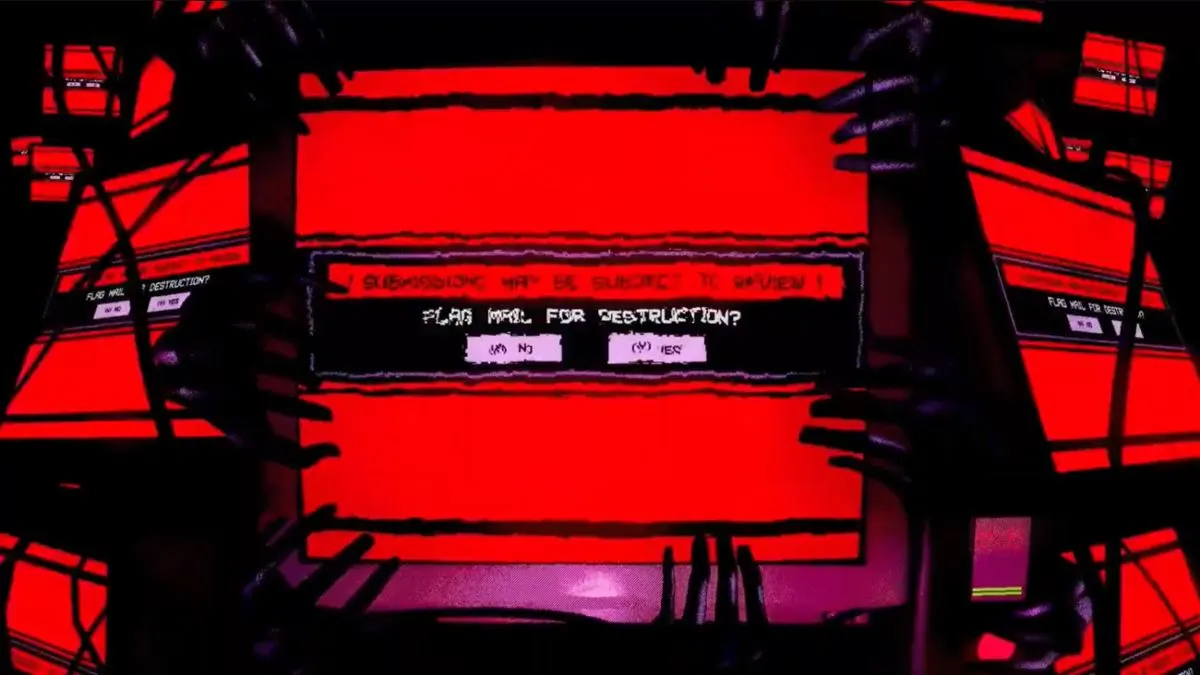 A red computer screen with a distorted message that reads: Flag mail for destruction? in DEAD LETTER DEPT