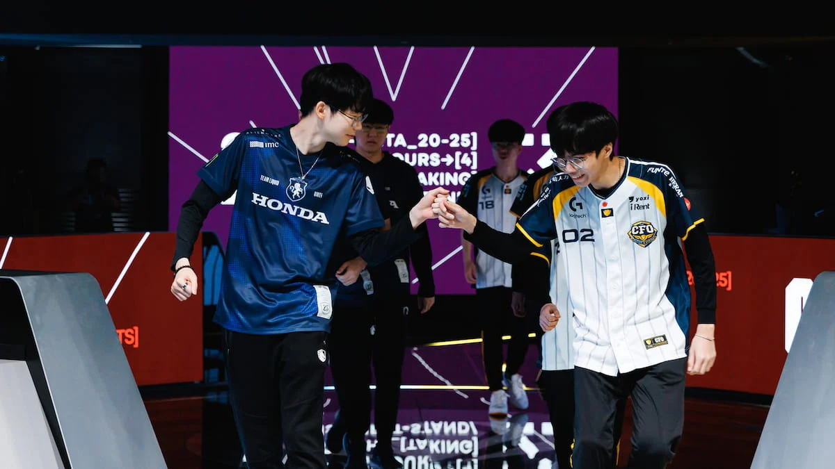 Team Liquid and CTBC Flying Oyster walk onstage at First Stand Tournament 2025 Round Robin Stage on March 13, 2025 at LoL Park in Seoul, Korea.