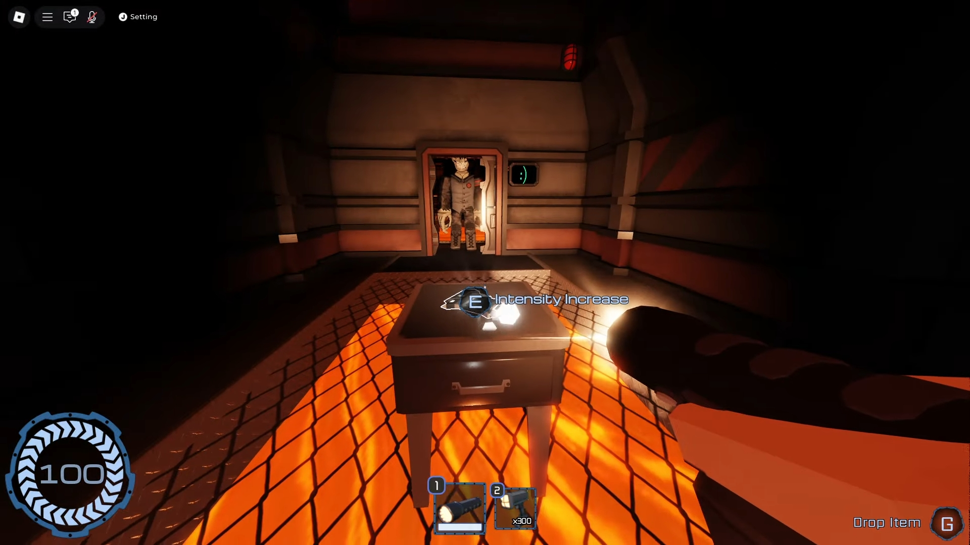 A Pressure player is looking at an Intensity Increase item on the table and there is an enemy standing at the door