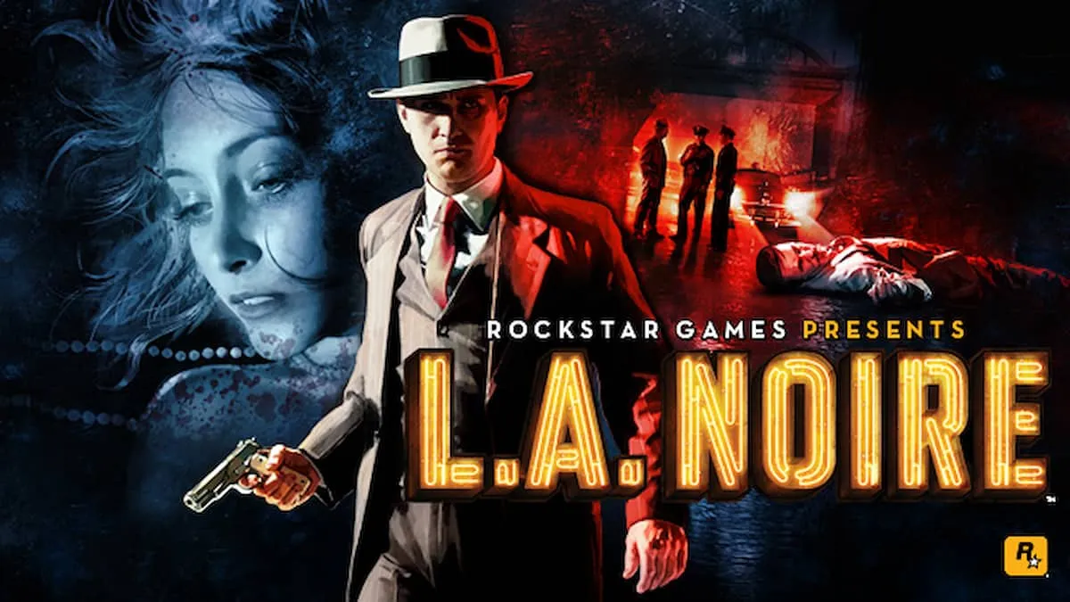 An image of the cover art for LA Noire, which features Cole Phelps standing with a gun, while a woman's face is in the background.