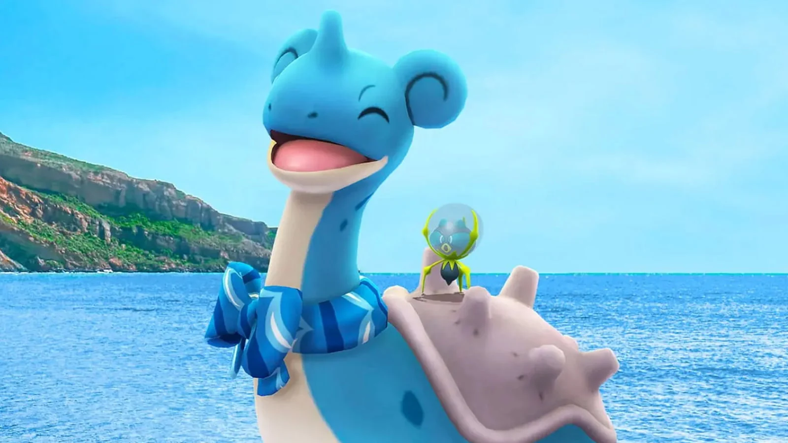 Lapras smiles with a small creature riding on its back