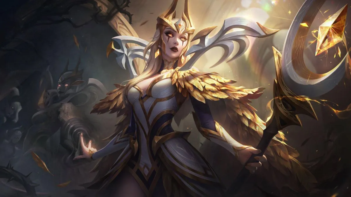 An image of the Prestige Coven Leblanc splash art, which features the previous prestige skin gold aesthetic.