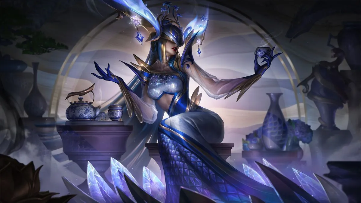 An image from League of Legends of the Lissandra Prestige Porcelain splash art. This features Lissandra in a high fashion dress.