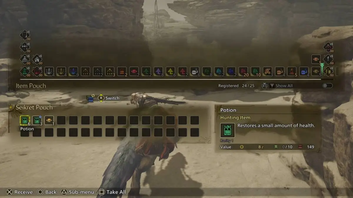 Receiving items from the Seikret pouch in MH Wilds