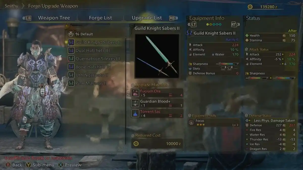 A crafting screen in Monster Hunter Wilds showing Fucium Ore as a required material.