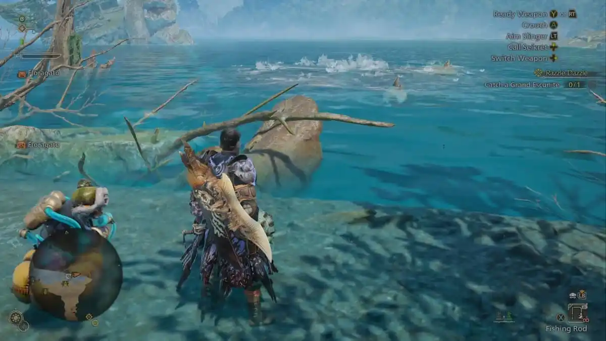 A player looking at Whoppers in the water in Monster Hunter Wilds.