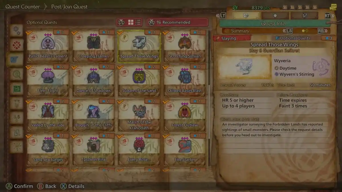 A screen showing optional quests in Monster Hunter Wilds.