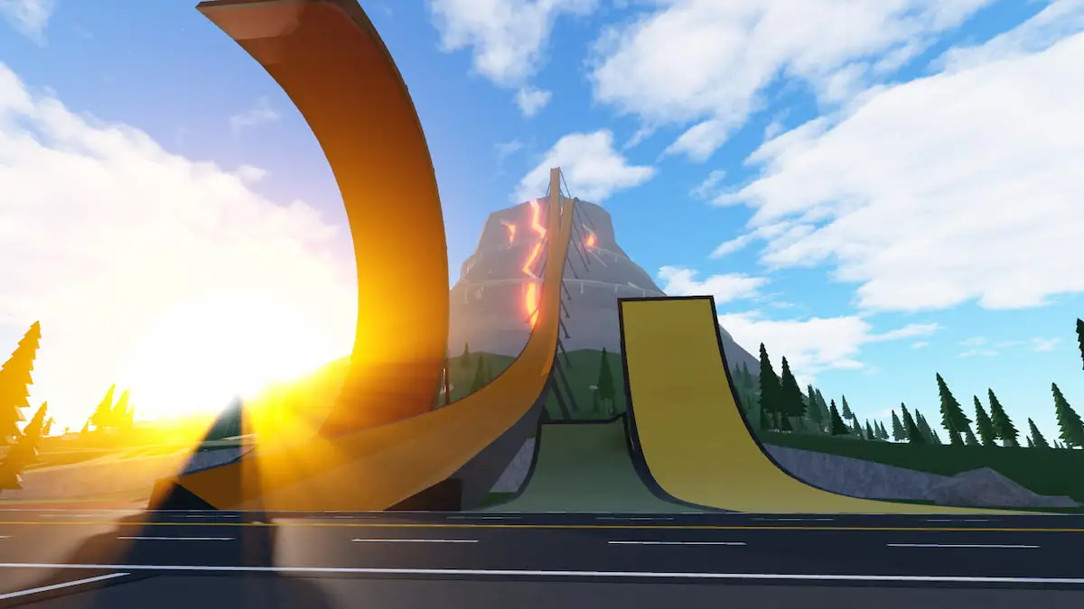 Picture showing Roblox: The Hunt Car Crushers 2 quest's Volcano Stunt Slide.