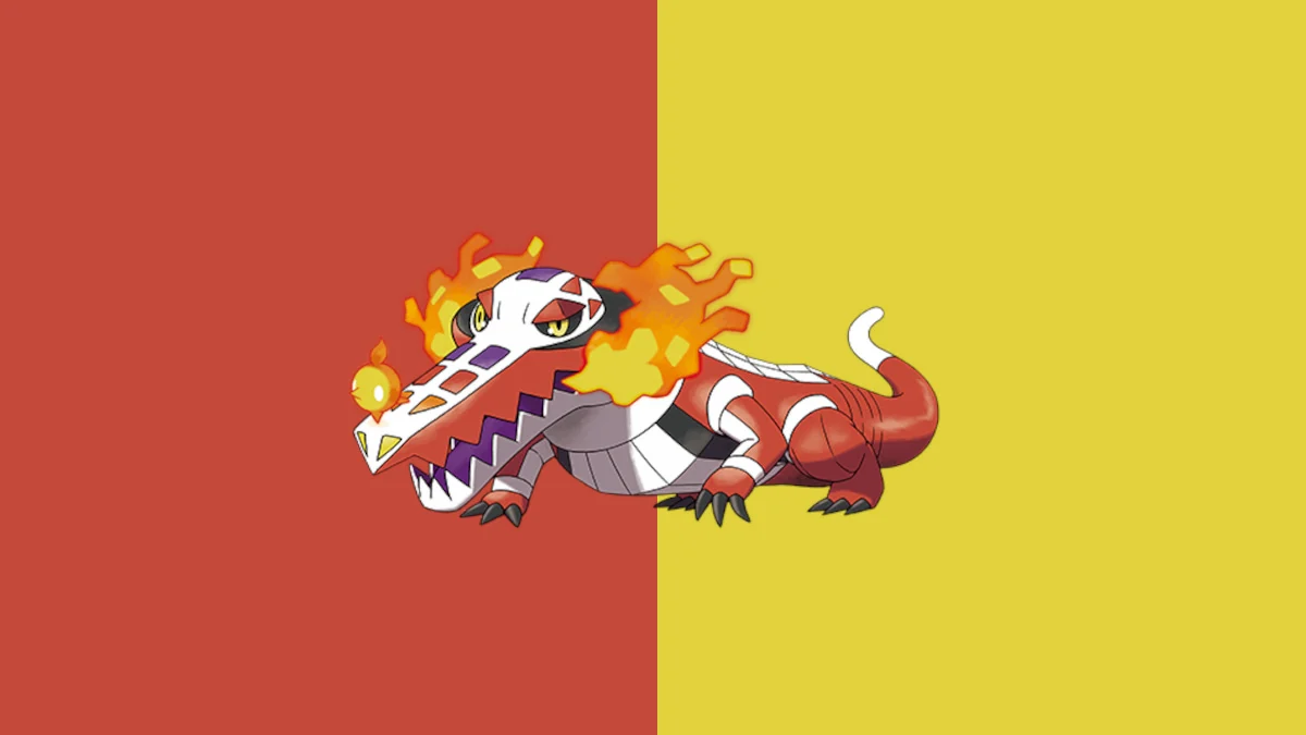 Skeledirge, a red alligator with a white head and flames coming out of its mouth.