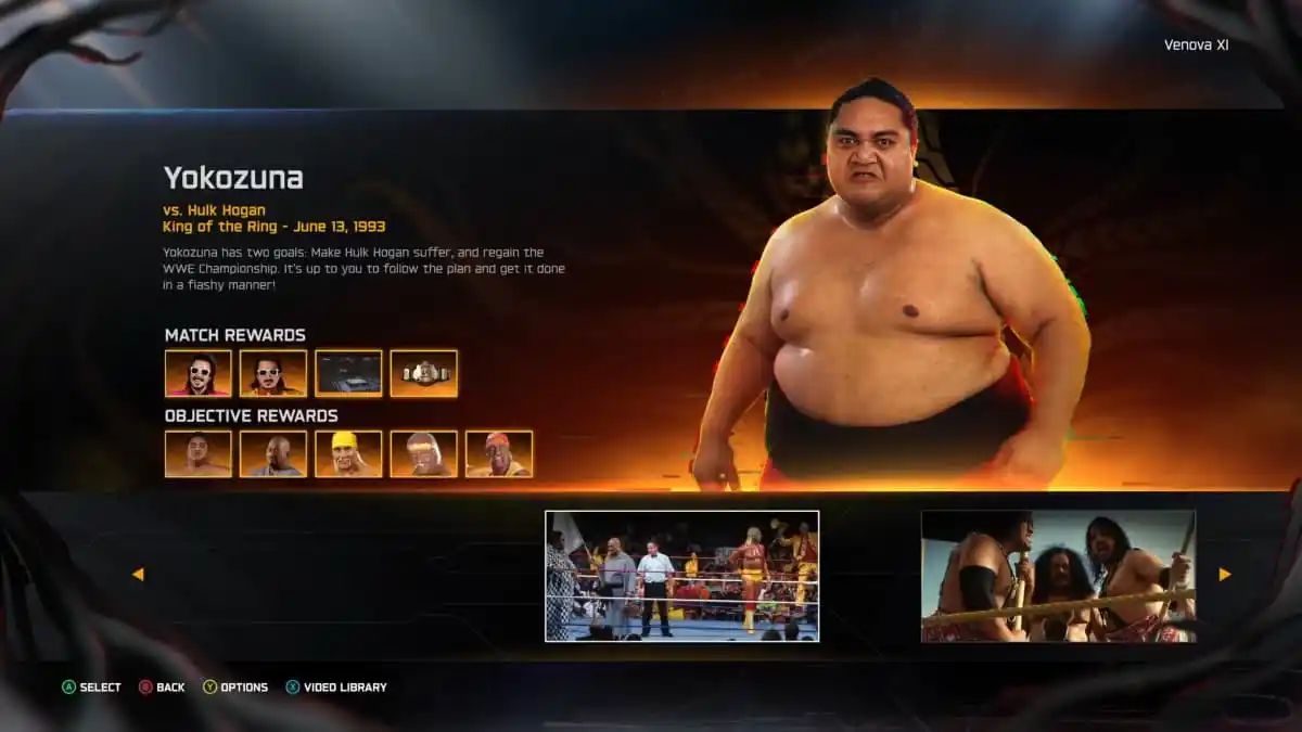 An example of a Showcase match in WWE 2K25 featuring Yokozuna v Hulk Hogan.