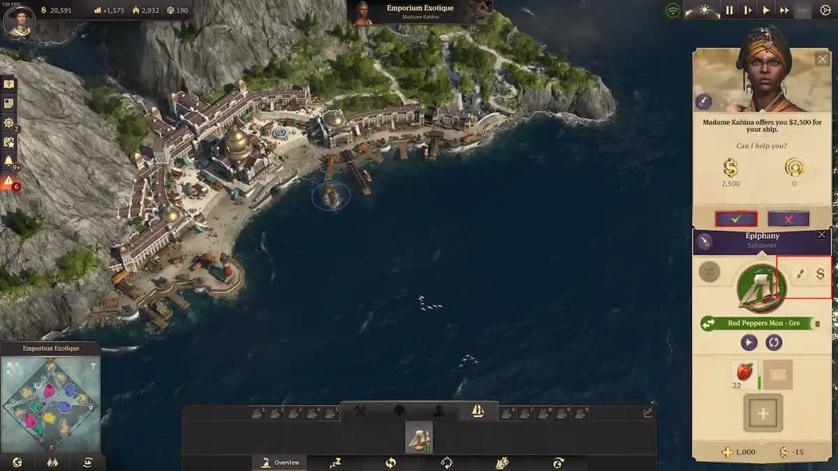 A luxurious harbor build in the 19th century architectural style located at an island beach. Several boxes showing the Anno 1800 trading screen and UI are shown.