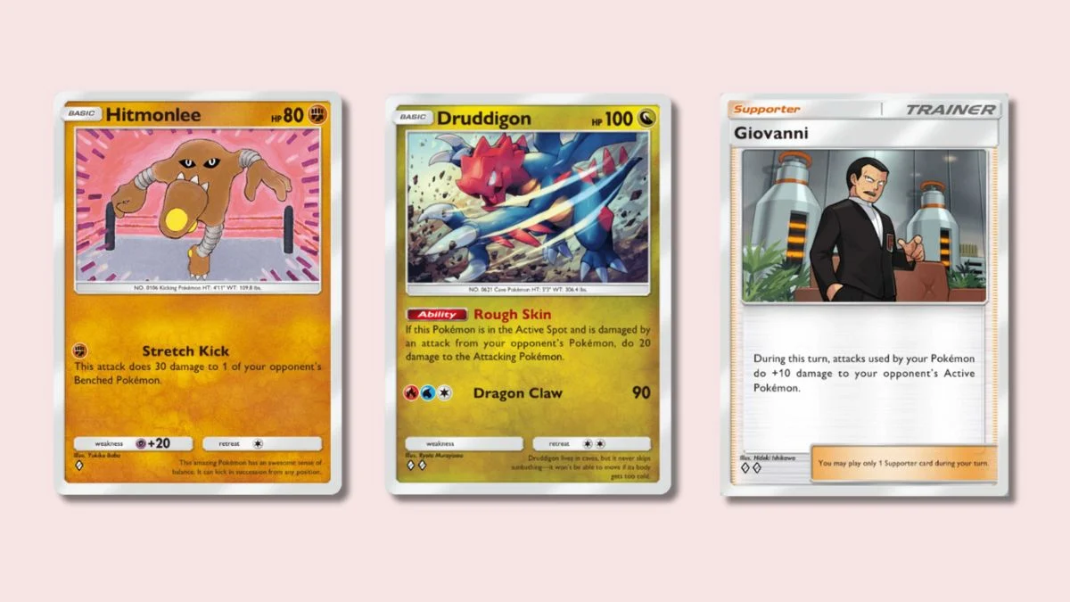 Hitmonlee, Druddigon, and Giovanni Pokémon TCG Pocket cards on a pink background.