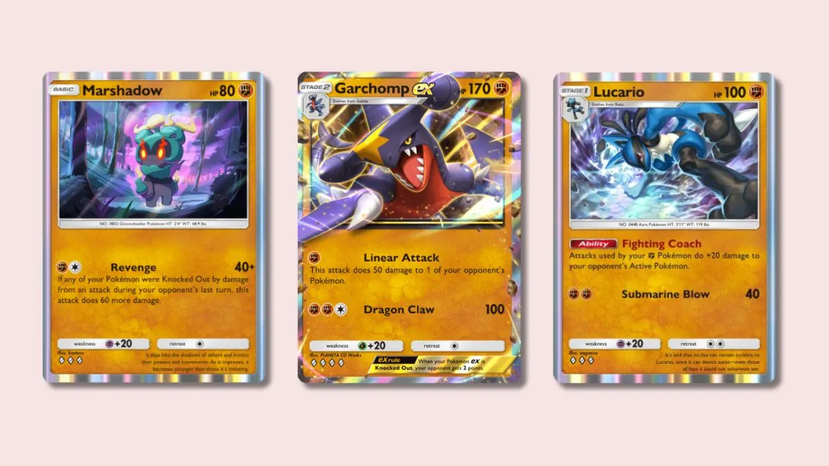 Marshadow, Garchomp ex, and Lucario Pokémon TCG Pocket cards on a pink background.