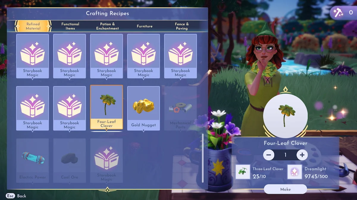 Crafting a four-leaf clover in disney dreamlight valley