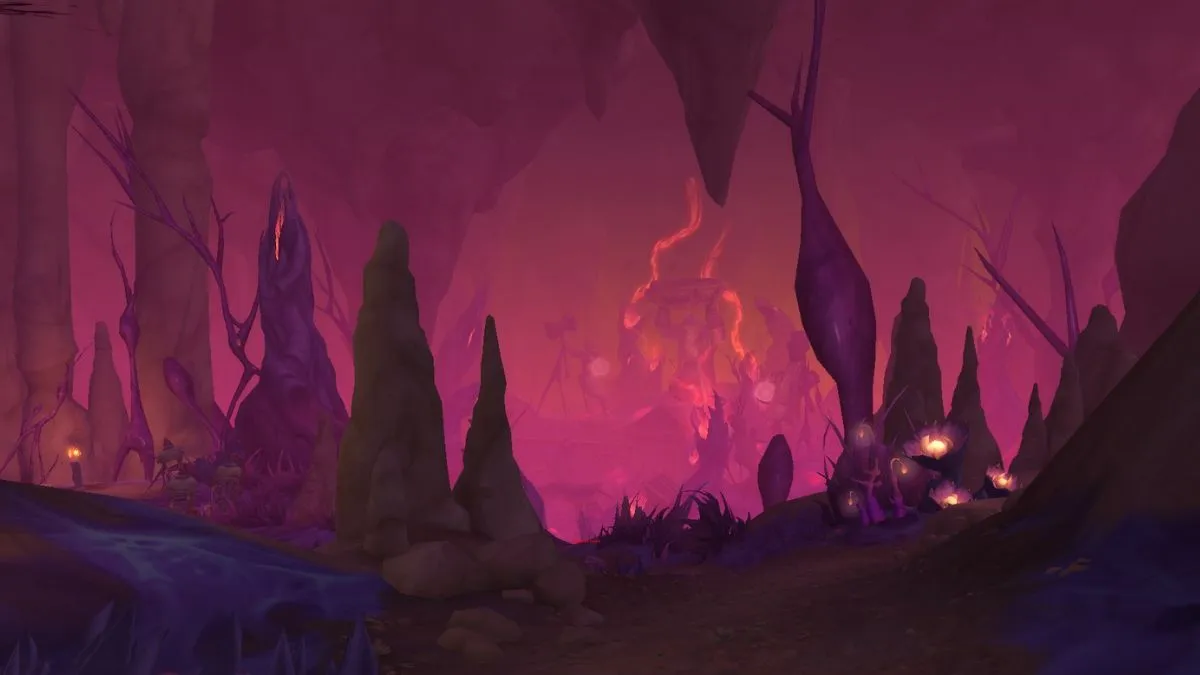 Delve in World of Warcraft with a pink sky underground.