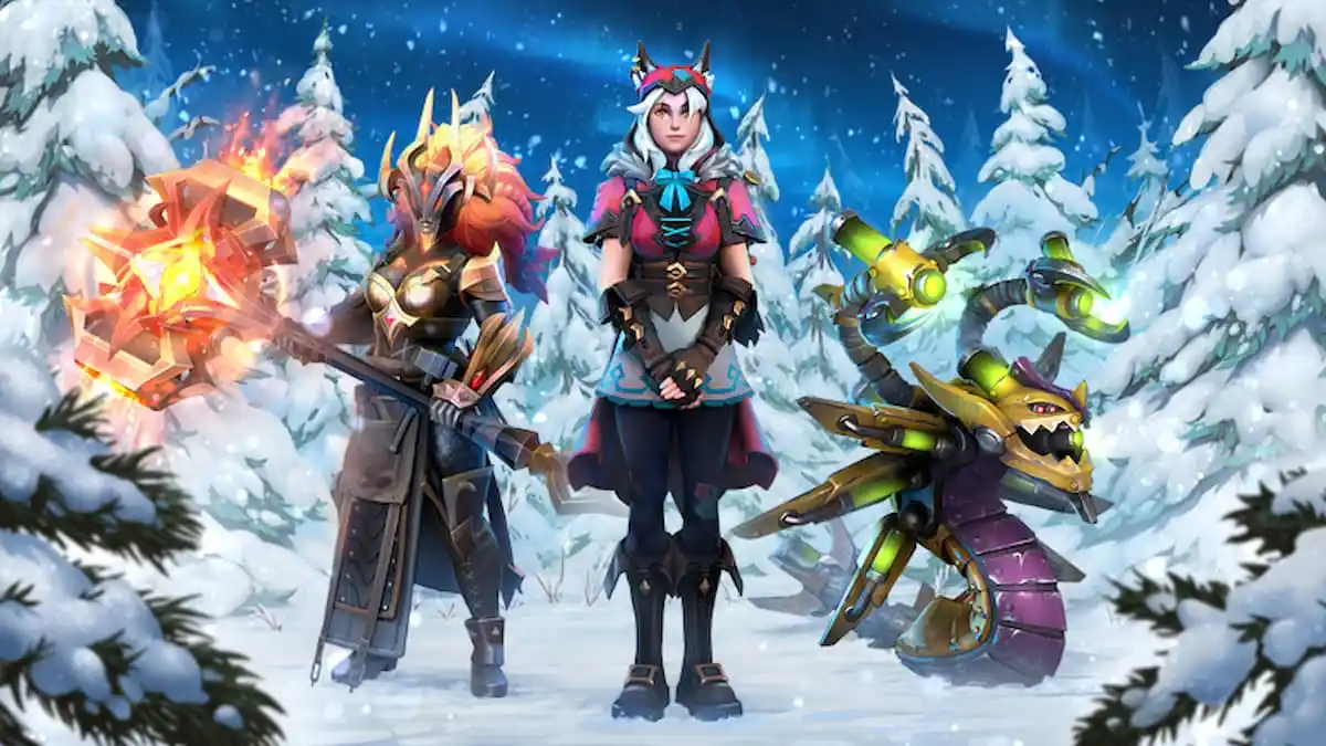 Dota 2 heroes in Frostivus gear. Dawnbreaker, Marci, and Venomancer from left to right. Snow-covered pines in the background.