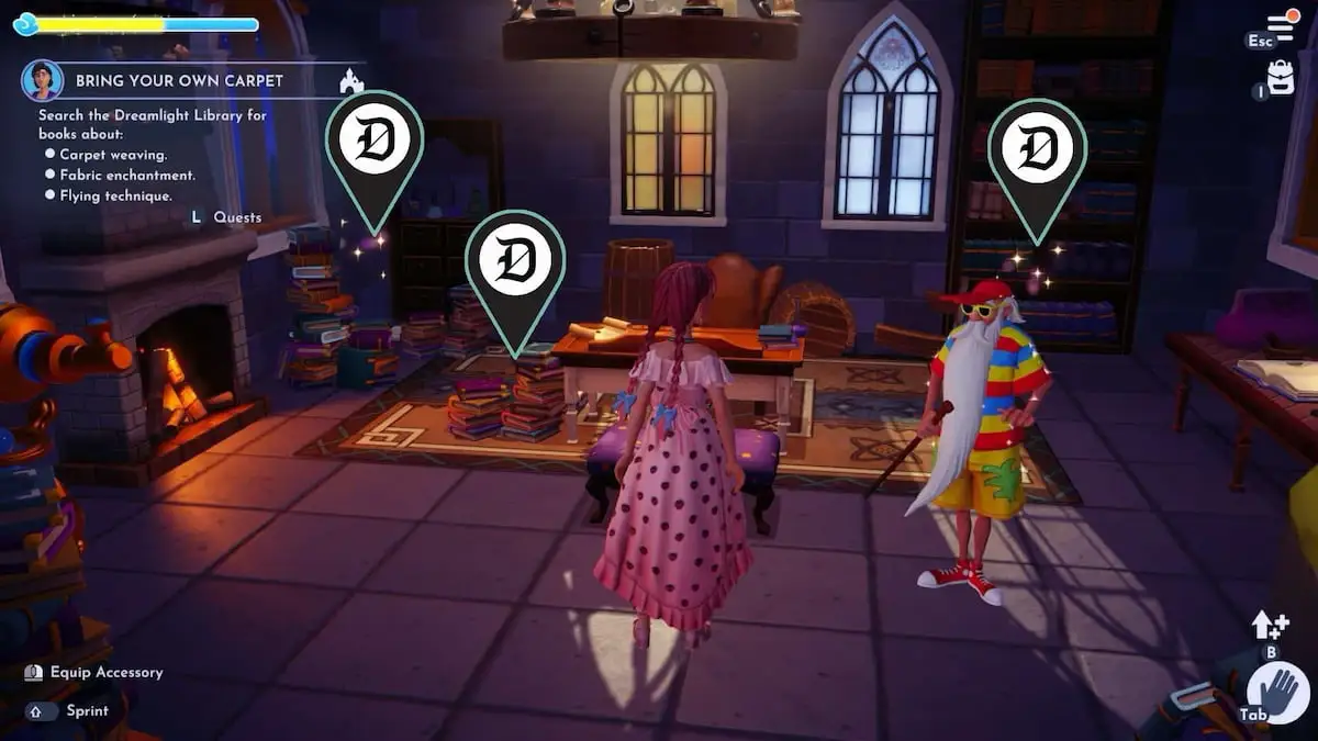 A player with pink braids and a pink strawberry dress looking for three books marked in the dreamlight library in disney dreamlight valley