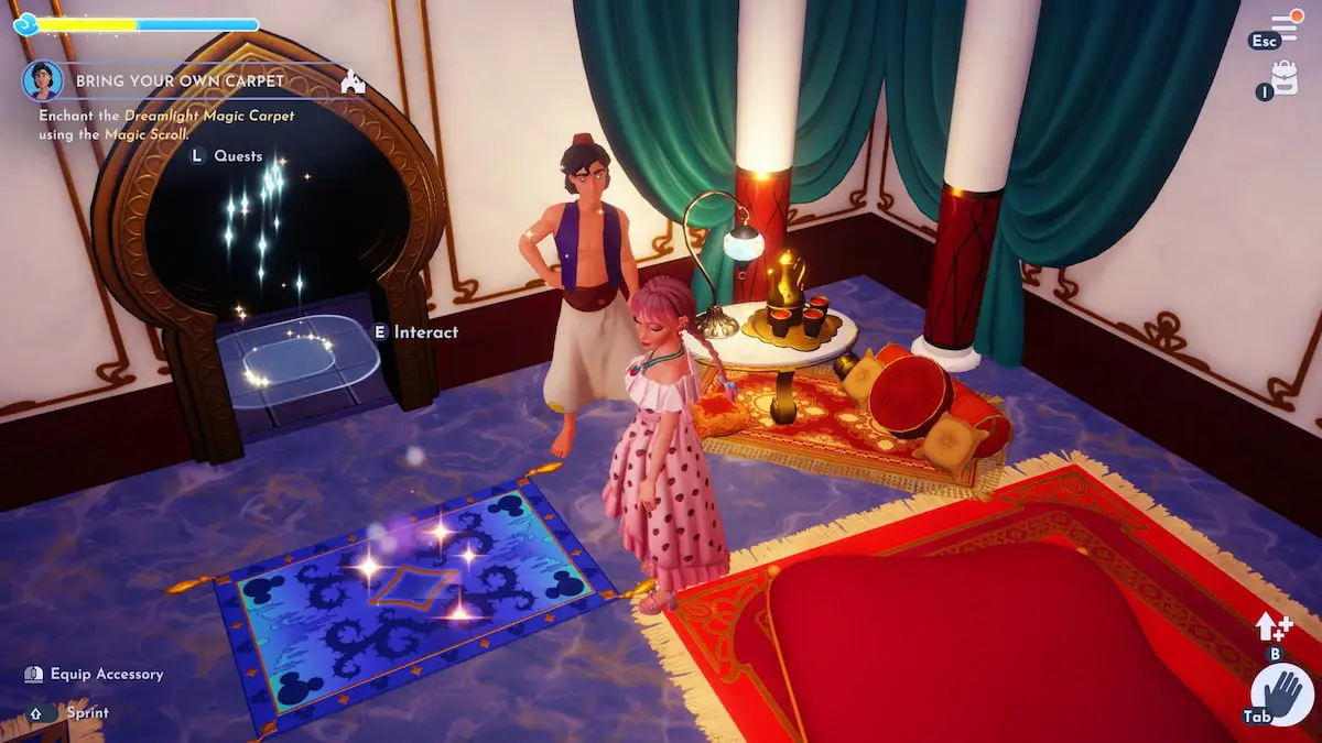 A player in a pink dress with pink braids preparing to interact with a carpet on the floor in Aladdin and Jasmine's House in Disney Dreamlight Valley